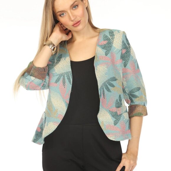 Blue Textured Leaf Print Blazer - Picture 2 of 5
